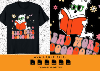 Read more books Funny Halloween ghost read book shirt print template, Witch boo bat skull star floral book hat vector