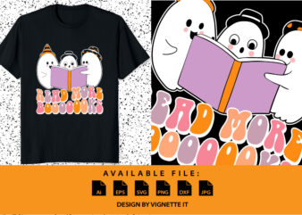 Read more books Funny Halloween ghost read book shirt print template, Witch boo book hat vector