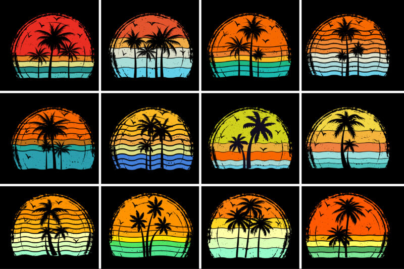 Beach Palm Tree Sunset Retro Vintage T-Shirt Graphic