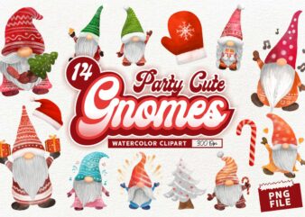 Party Cute Gnomes Clipart, Watercolor Christmas Gnomes PNG, Cute Gnome Designs for Print