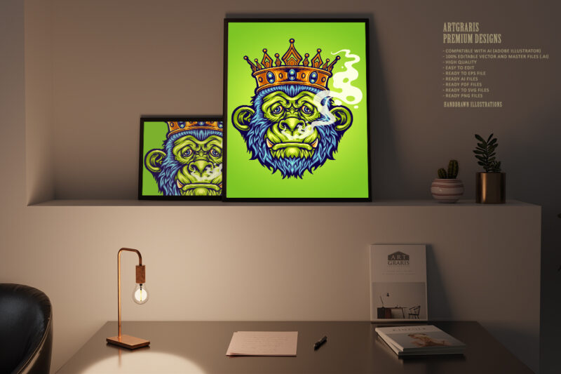 King Monkey with smoking weed Mascot Illustrations