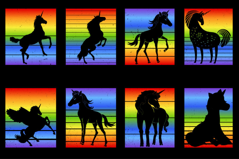 Unicorn Rainbow Retro Vintage Sunset T-Shirt Graphic Bundle