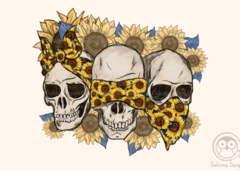 Skull See Nothing Hear Say Sunflower Sublimation Design