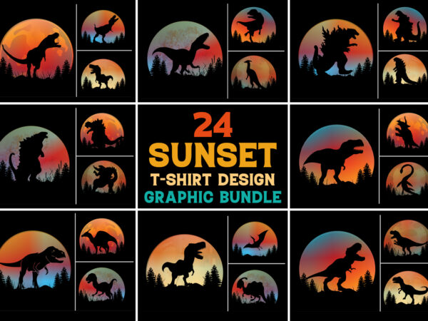T rex godzilla dinosaur sunset t-shirt design graphic background bundle