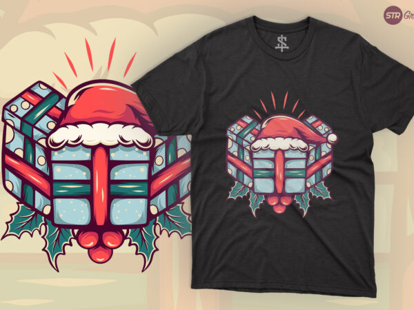 Gift box christmas – retro illustration t shirt design template