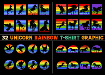 Unicorn Rainbow Retro Vintage Sunset T-Shirt Graphic Bundle