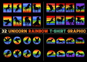 Unicorn Rainbow Retro Vintage Sunset T-Shirt Graphic Bundle