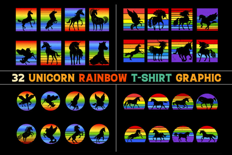Unicorn Rainbow Retro Vintage Sunset T-Shirt Graphic Bundle