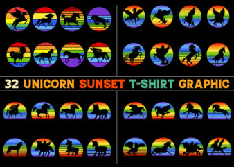 Unicorn Retro Vintage Sunset T-Shirt Graphic Bundle