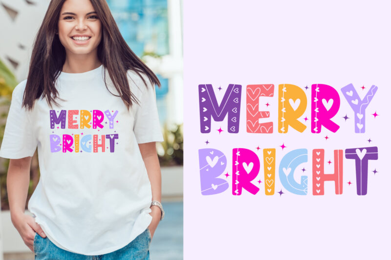 merry bright Christmas typography. Christmas craft for merchandise. Winter designs. Christmas t shirt designs