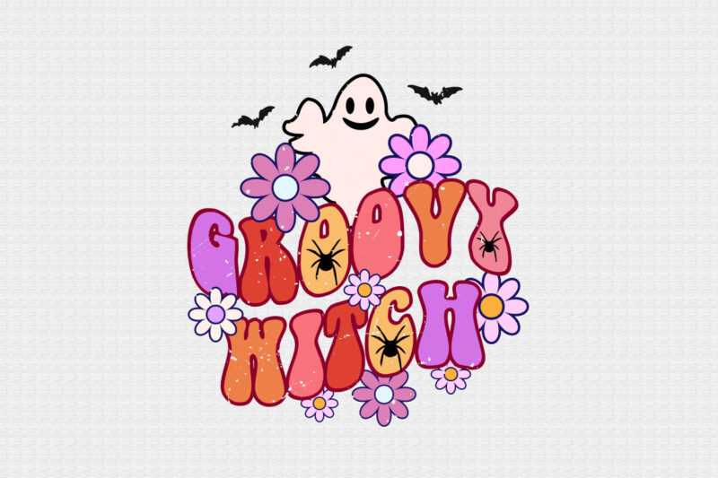 Premium Vector  Hippie halloween retro halloween cute tshirt design with  groovy style boo ghost pumpkin witch etc