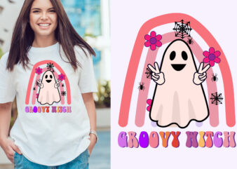 groovy witch Halloween t shirt design template. Halloween party t shirt design. Typography, illustration Halloween t shirt design. Halloween day t shirt. Halloween night t shirt design.