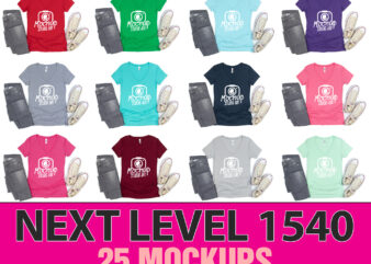 Next Level 1540, V-neck T-shirt Mockups, Flat Lay Mockup, 25 Mockups