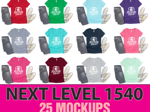 Next level 1540, v-neck t-shirt mockups, flat lay mockup, 25 mockups