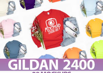 Gildan 2400, Long Sleeved Shirt Mockups, Flat Lay Mockup, 28 Mockups t shirt design template