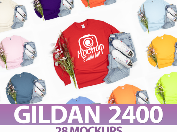 Gildan 2400, long sleeved shirt mockups, flat lay mockup, 28 mockups t shirt design template