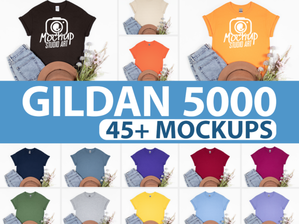 Gildan 5000, t-shirt mockups, flat lay mockup, 45 mockups