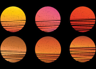 Retro sunset circle with gradient color. Vintage textured sticker of sun beach icon. Abstract stylized holiday on surf in ocean logo for t-shirt. Horizon striped colorful circles with grunge effect
