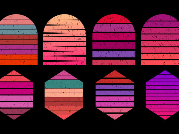 Vintage sunset collection in 70s 80s style. regular and distressed retro sunset set. five options with textured versions. circular gradient background. t shirt design element. vector illustration,flat