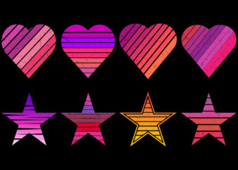 love and star Vintage sunset collection in 70s 80s style. Regular and distressed retro sunset set. Five options with textured versions. Circular gradient background. T shirt design element. Vector illustration,flat