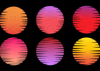 Retro sunset, abstract 80s style grunge striped sunsets. Vintage colorful striped circles for logo or print design elements vector set. Round symbols for tropical sunshine t-shirt print