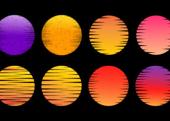 Retro sunset, abstract 80s style grunge striped sunsets. Vintage colorful striped circles for logo or print design elements vector set. Round symbols for tropical sunshine t-shirt print