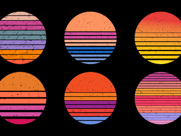 Retro sunset, abstract 80s style grunge striped sunsets. vintage colorful striped circles for logo or print design elements vector set. round symbols for tropical sunshine t-shirt print