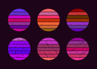 Retro sunset, abstract 80s style grunge striped sunsets. Vintage colorful striped circles for logo or print design elements vector set. Round symbols for tropical sunshine t-shirt print