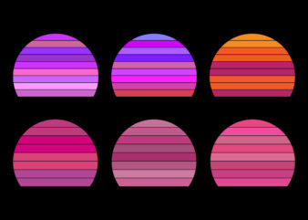 Retro sunset, abstract 80s style grunge striped sunsets. Vintage colorful striped circles for logo or print design elements vector set. Round symbols for tropical sunshine t-shirt print