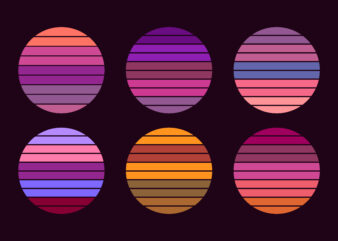 Retro sunset, abstract 80s style grunge striped sunsets. Vintage colorful striped circles for logo or print design elements vector set. Round symbols for tropical sunshine t-shirt print