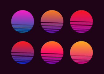 Retro sunset, abstract 80s style grunge striped sunsets. Vintage colorful striped circles for logo or print design elements vector set. Round symbols for tropical sunshine t-shirt print