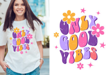 only good vibes groovy vintage, typography t shirt print design graphic illustration vector. daisy ornament flower design. card, label, poster, sticker,