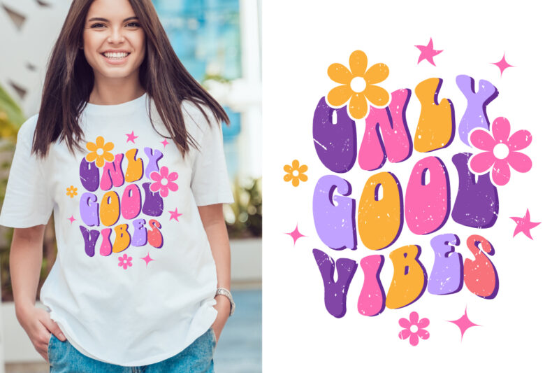 only good vibes groovy vintage, typography t shirt print design graphic illustration vector. daisy ornament flower design. card, label, poster, sticker,