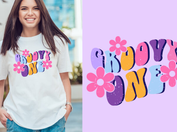 Groovy one groovy vintage, typography t shirt print design graphic illustration vector. daisy ornament flower design. card, label, poster, sticker,