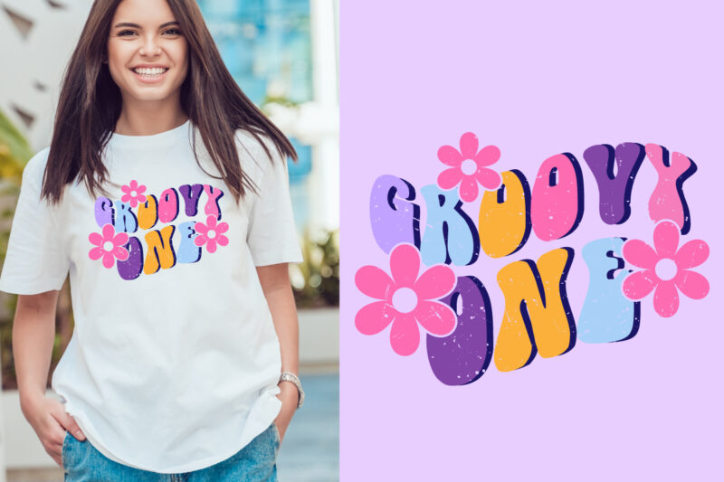 groovy one groovy vintage, typography t shirt print design graphic illustration vector. daisy ornament flower design. card, label, poster, sticker,