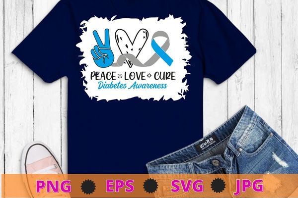 Peace Love Cure Grey Blue Ribbon Diabetes Awareness T-Shirt design svg, diabetic, disease, Type 2 diabetes, hyperglycemia, prediabetes,Awareness