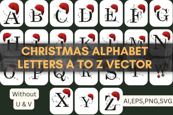 Christmas 2023 alphabet letters a to z christmas light with santa hat vector t-shirt design svg