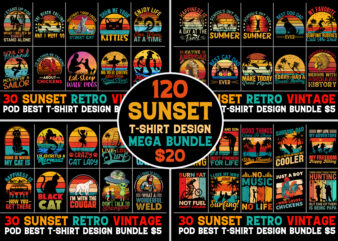 120 Retro Vintage Sunset T-Shirt Design Mega Bundle