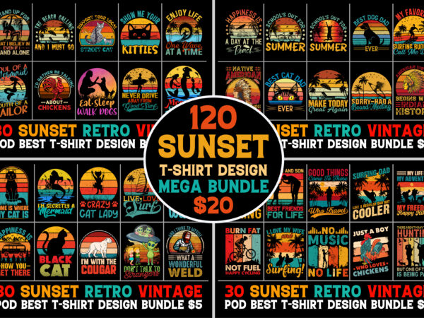 120 retro vintage sunset t-shirt design mega bundle