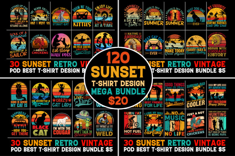 120 Retro Vintage Sunset T-Shirt Design Mega Bundle