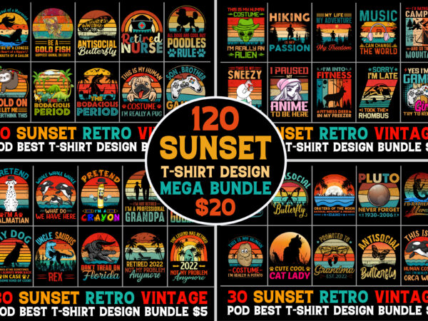 120 retro vintage sunset t-shirt design mega bundle