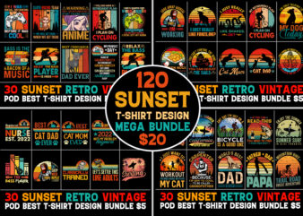 120 Retro Vintage Sunset T-Shirt Design Mega Bundle