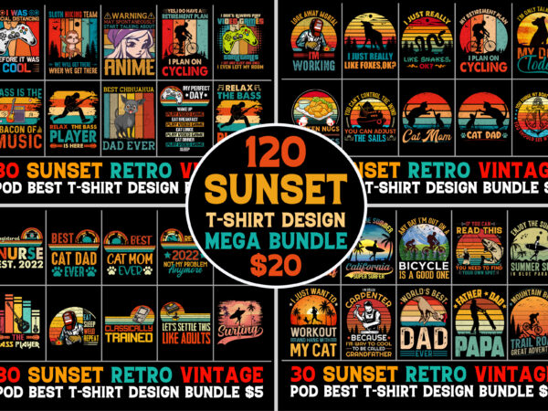 120 retro vintage sunset t-shirt design mega bundle