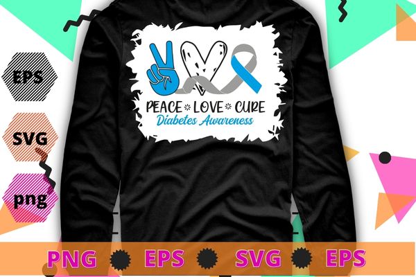 Peace Love Cure Grey Blue Ribbon Diabetes Awareness T-Shirt design svg, diabetic, disease, Type 2 diabetes, hyperglycemia, prediabetes,Awareness