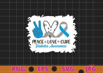 Peace Love Cure Grey Blue Ribbon Diabetes Awareness T-Shirt design svg, diabetic, disease, Type 2 diabetes, hyperglycemia, prediabetes,Awareness