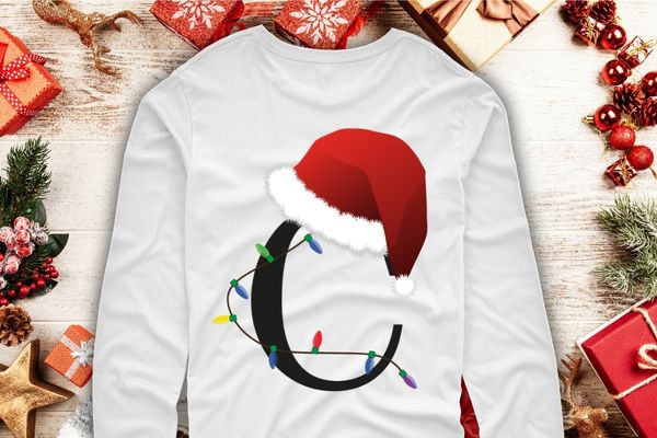 Christmas 2023 alphabet letters A to Z Christmas Light with santa hat vector T-shirt design svg