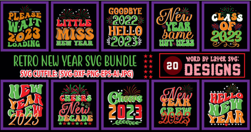 Retro New Year svg Bundle.New Years SVG Bundle, New Year's Eve Quote, Cheers 2023 Saying, Nye Decor, Happy New Year Clip Art, New Year, 2023 svg, LEOCOLOR, New Years SVG