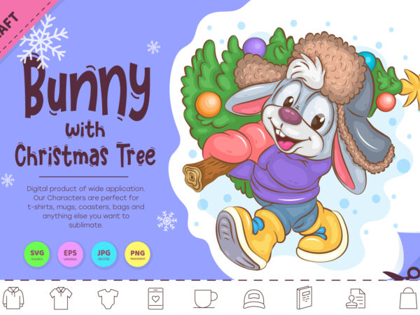 Bunny with christmas tree. clipart t shirt template