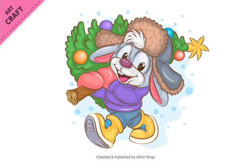 Bunny with Christmas Tree. Clipart