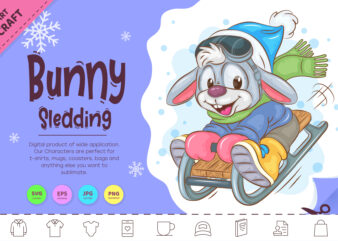 Cartoon Bunny Sledding. Clipart t shirt vector file